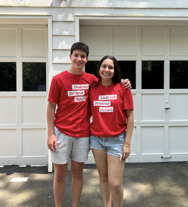 Aidan Lapatine ’26 (left) and Logan Noorily ’25 (right) co-lead Staples’ Students Demand Action chapter, aiming to educate the greater Westport community about gun violence.